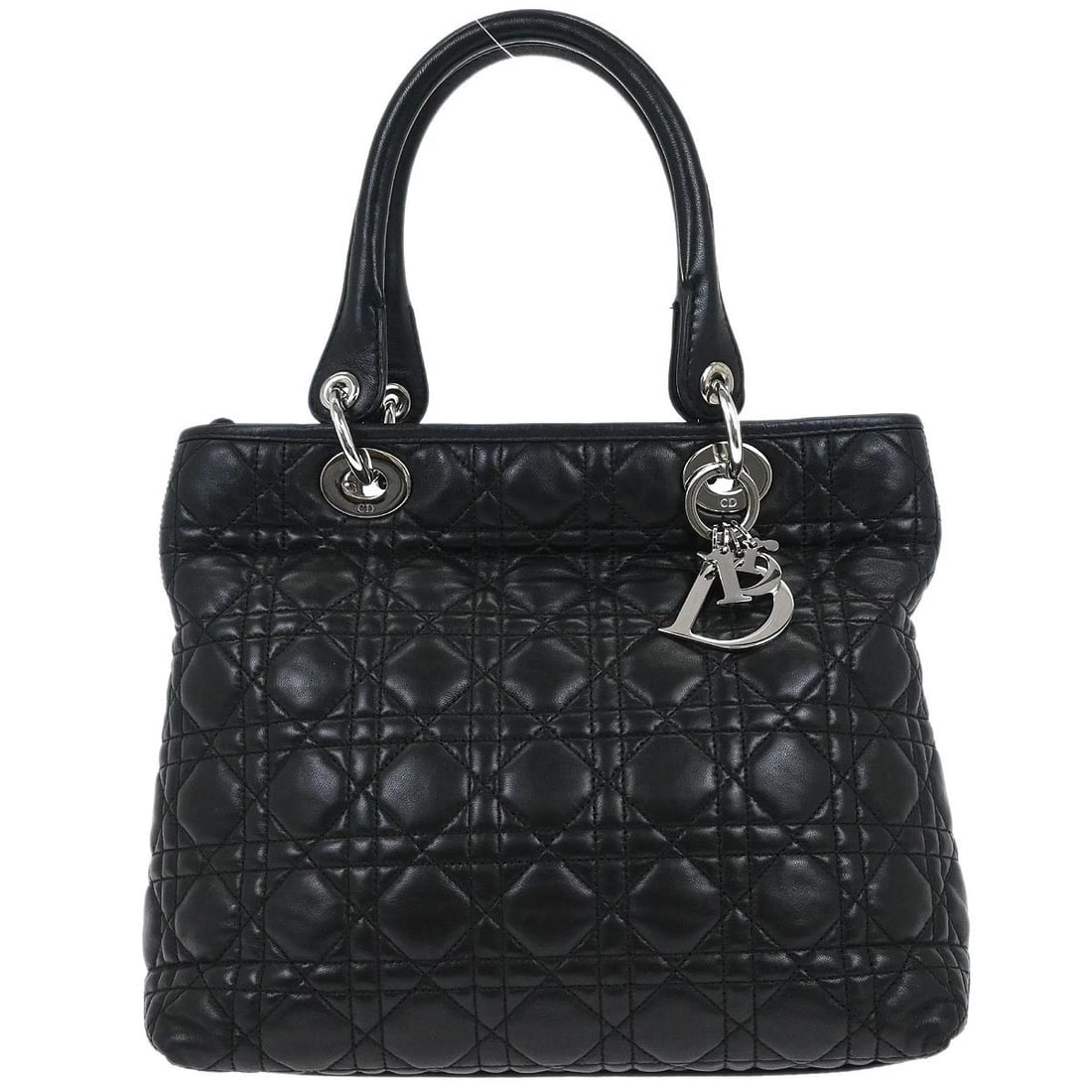 CHRISTIAN DIOR BLACK LAMBSKIN LADY DIOR CANNAGE HANDBAG: Christian Dior Black Lambskin Lady Dior Cannage Handbag Brand: Dior Type: Satchel/Top Handle Bag Material/Exterior Material: Lambskin Color/Exterior Color: Black Size: W 11.0 x H 9.4 x D 5.5 "