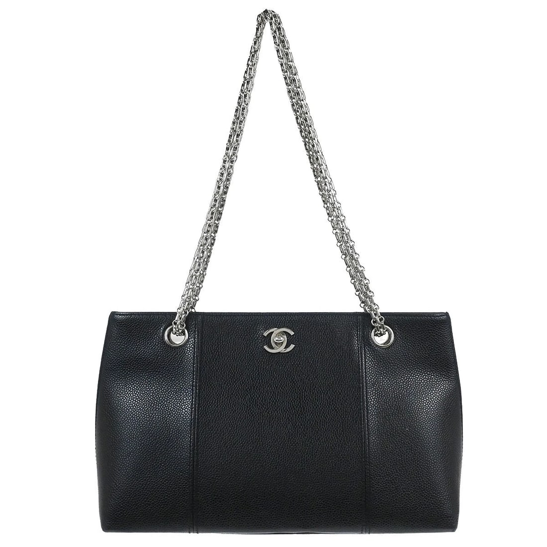 CHANEL BLACK CALFSKIN CHAIN SHOULDER TOTE BAG: Chanel Black Calfskin Chain Shoulder Tote Bag Brand: CHANEL Type: Tote Material/Exterior Material: Caviar skin leather Color/Exterior Color: Black Size: W 11.4 x H 7.1 x D 2.8 " Strap Drop.(Single