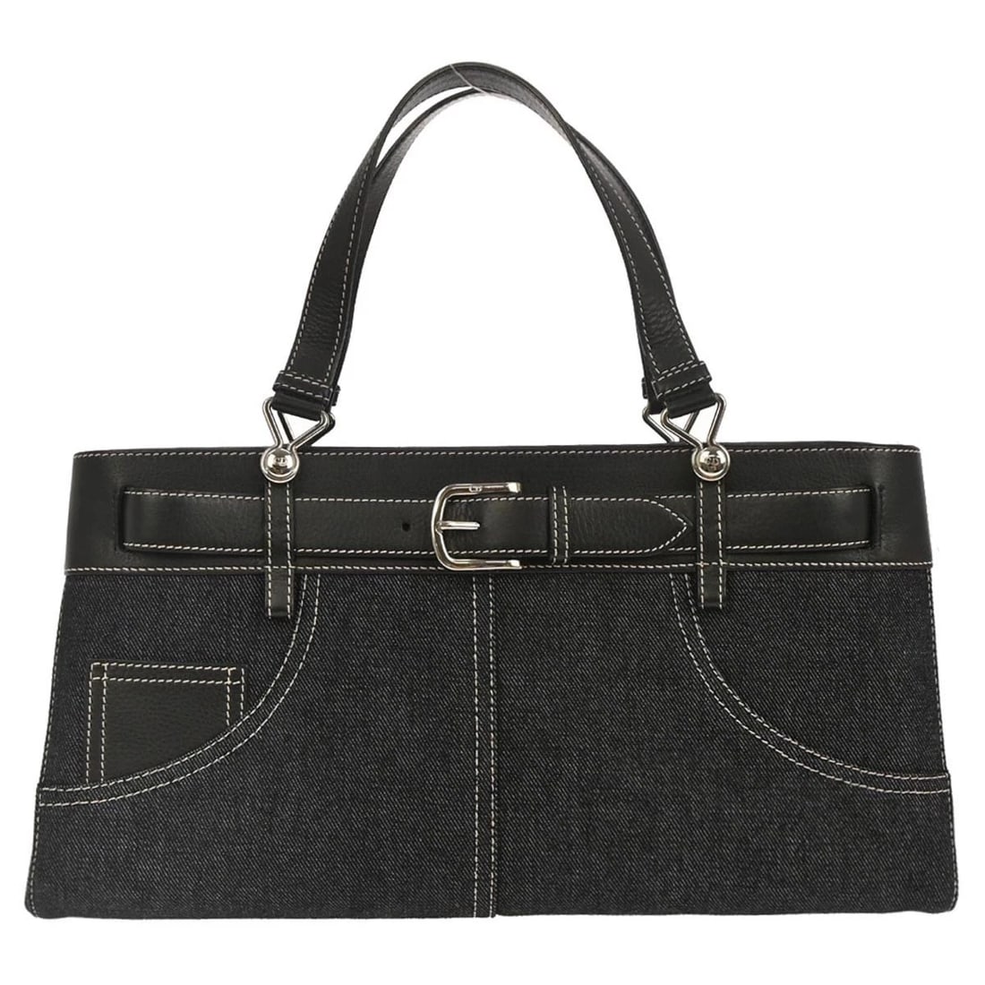 CHRISTIAN DIOR NAVY DENIM BELT BUCKLE BAG HANDBAG: Christian Dior Navy Denim Belt Buckle Bag Handbag Brand: Dior Type: Top Handle Bag Material/Exterior Material: Denim Color/Exterior Color: Navy Size: W 15.0 x H 7.5 x D 4.7 " Handle Drop. 5.9 " A