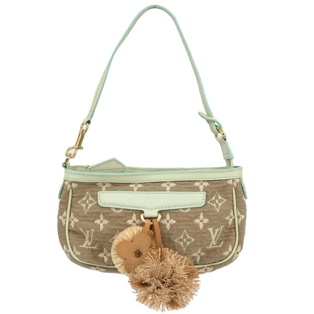 LOUIS VUITTON MONOGRAM SABBIA POCHETTE HANDBAG: Louis Vuitton Monogram Sabbia Pochette Handbag Brand: Louis Vuitton Type: Hand Bag Material/Exterior Material: Monogram Sabbia Canvas, Leather Color/Exterior Color: Brown, Light Green Size: W 8.7