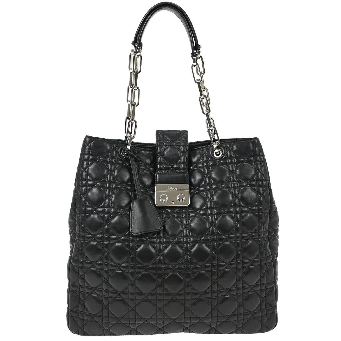CHRISTIAN DIOR BLACK LAMBSKIN LADY DIOR CANNAGE TOTE HANDBAG: Christian Dior Black Lambskin Lady Dior Cannage Tote Handbag Brand: Dior Type: Tote Material/Exterior Material: Lambskin Color/Exterior Color: Black Size: W 13.0 x H 12.2 x D 4.3 " Handle Drop. 8.
