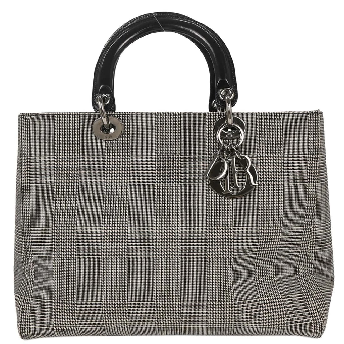 CHRISTIAN DIOR BLACK CANVAS LADY DIOR HOUNDSTOOTH HANDBAG: Christian Dior Black Canvas Lady Dior Houndstooth Handbag Brand: Dior Type: Top Handle Bag Material/Exterior Material: Canvas, Leather Color/Exterior Color: Black, White Size: W 12.6 x H 9.8 x D 4