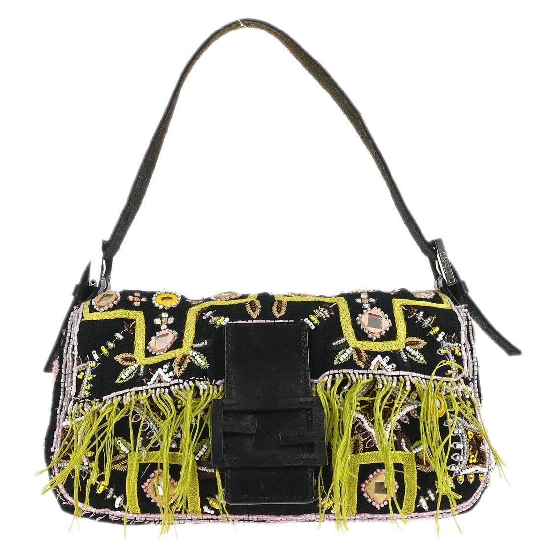 FENDI BLACK COTTON BEADED EMBROIDERED BAGUETTE HANDBAG: Fendi Black Cotton Beaded Embroidered Baguette Handbag Brand: Fendi Type: Hand Bag Material/Exterior Material: Cotton, Leather, Beads Color/Exterior Color: Black, Green, Pink Size: W 10.2 x H 5.5