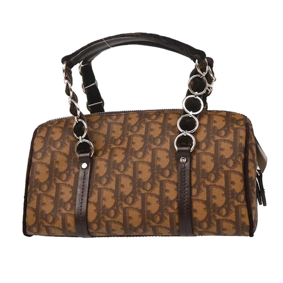 CHRISTIAN DIOR BROWN PVC TROTTER ROMANTIC HANDBAG: Christian Dior Brown PVC Trotter Romantic Handbag Brand: Dior Type: Top Handle Bag Material/Exterior Material: PVC, Velvet, Leather Color/Exterior Color: Brown Size: W 9.1 x H 5.1 x D 4.7 " Handle