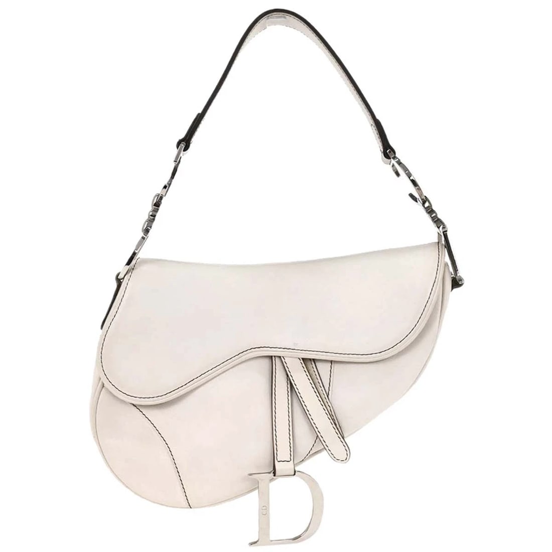 CHRISTIAN DIOR WHITE LEATHER SADDLE HANDBAG: Christian Dior White Leather Saddle Handbag Brand: Dior Type: Saddle Bag Material/Exterior Material: Leather Color/Exterior Color: White Size: W 9.4 x H 7.5 x D 3.1 " Handle Drop. 7.5 " Accessori