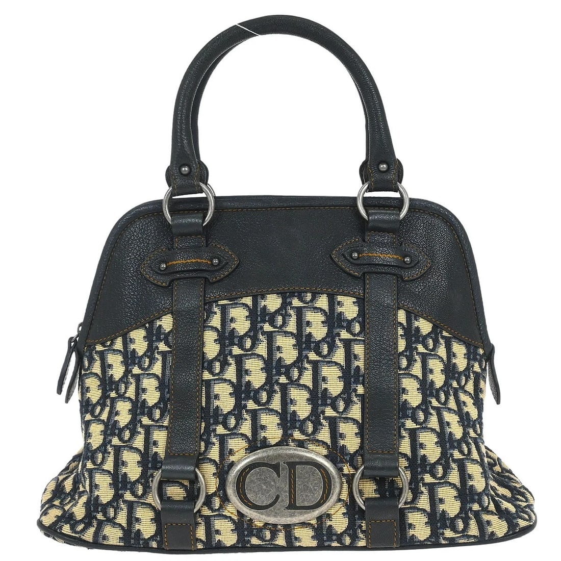 CHRISTIAN DIOR NAVY BEIGE TROTTER HANDBAG: Christian Dior Navy Beige Trotter Handbag Brand: Dior Type: Top Handle Bag Material/Exterior Material: Canvas, Leather Color/Exterior Color: Navy, Beige Size: W 13.0 x H 9.1 x D 4.7 " Handle Drop.