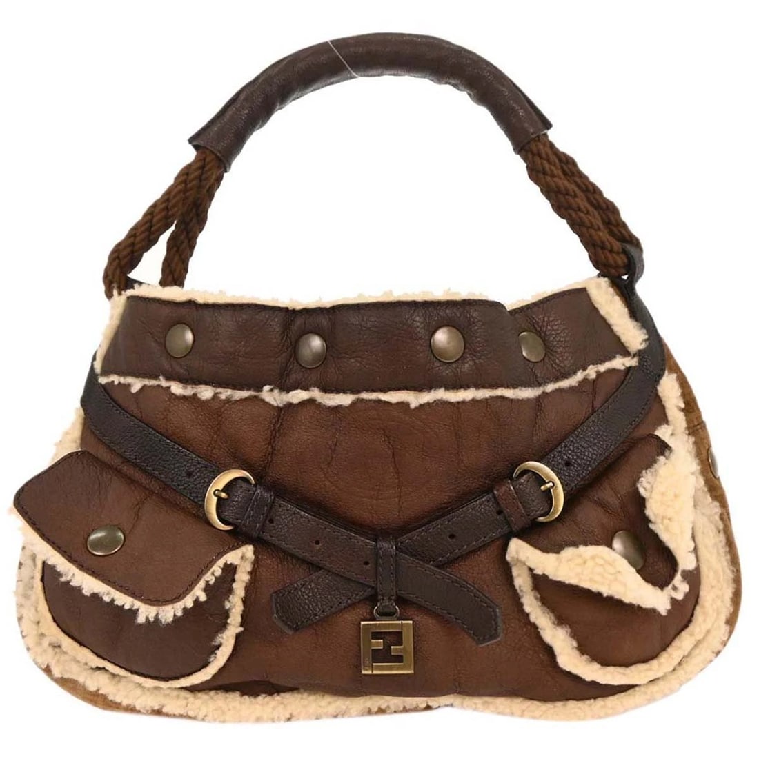 FENDI BROWN LEATHER ZUCCHINO SHEARLING BAG HANDBAG: Fendi Brown Leather Zucchino Shearling Bag Handbag Brand: Fendi Type: Hand Bag Material/Exterior Material: Leather, Suede, Wool Color/Exterior Color: Brown Size: W 14.6 x H 8.7 x D 3.1 " Handle Dr