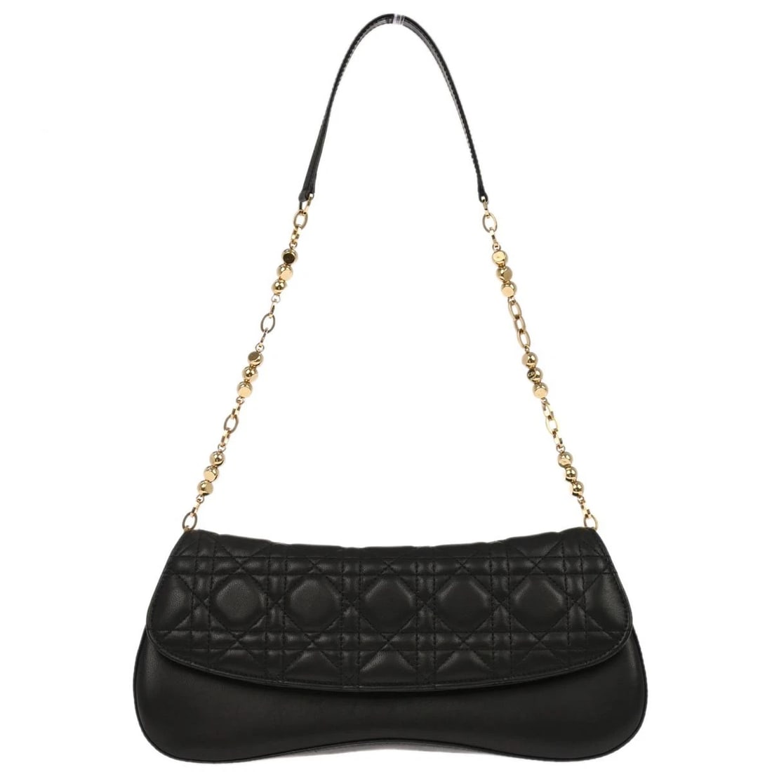 CHRISTIAN DIOR BLACK LAMBSKIN CANNAGE EVENING BAGUETTE HANDBAG: Christian Dior Black Lambskin Cannage Evening Baguette Handbag Brand: Dior Type: Top Handle Bag Material/Exterior Material: Lambskin Color/Exterior Color: Black Size: W 11.4 x H 5.1 x D 2.4 "