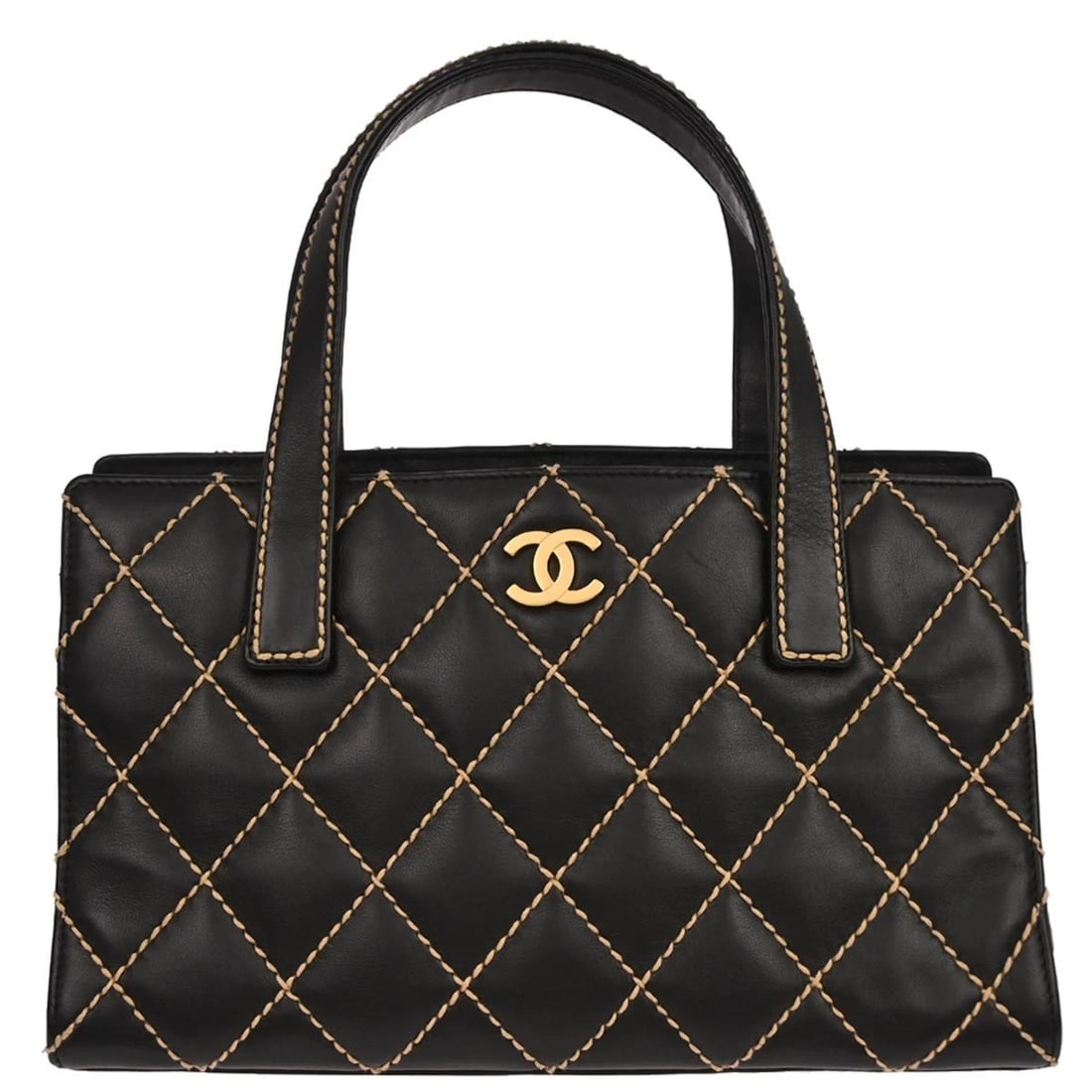 CHANEL BLACK CALFSKIN WILD STITCH HANDBAG: Chanel Black Calfskin Wild Stitch Handbag Brand: CHANEL Type: Handbag Material/Exterior Material: Calfskin Leather Color/Exterior Color: Black Size: W 11.8 x H 7.1 x D 4.3 " Handle Drop. 5.1 "