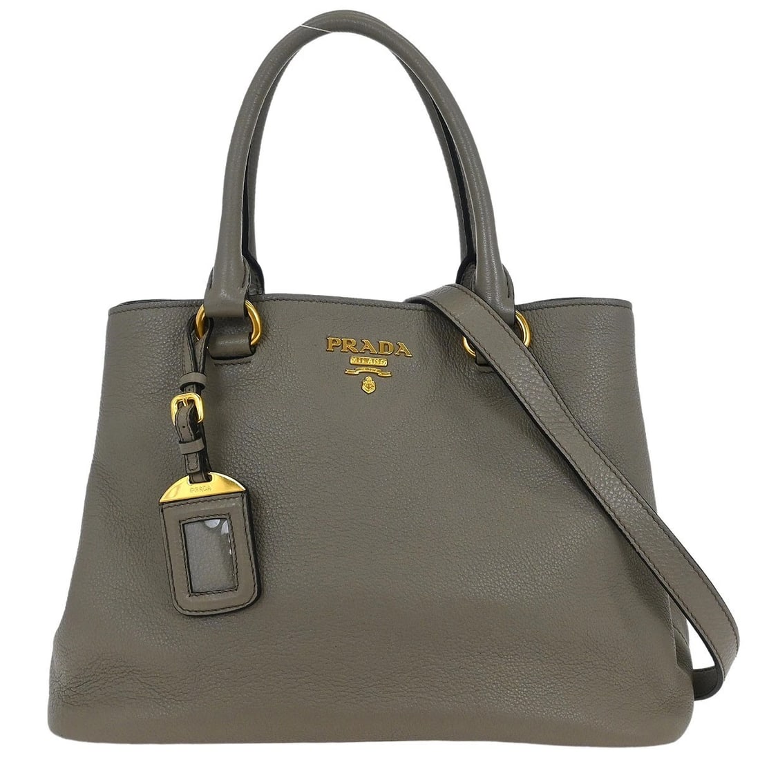 PRADA GRAY LEATHER 2WAY TOTE HANDBAG: Prada Gray Leather 2way Tote Handbag Brand: PRADA Type: Top Handle Bag Material/Exterior Material: Leather Color/Exterior Color: Gray Size: W 11.8 x H 9.1 x D 5.5 " Handle Drop. 5.5 " Strap Drop.