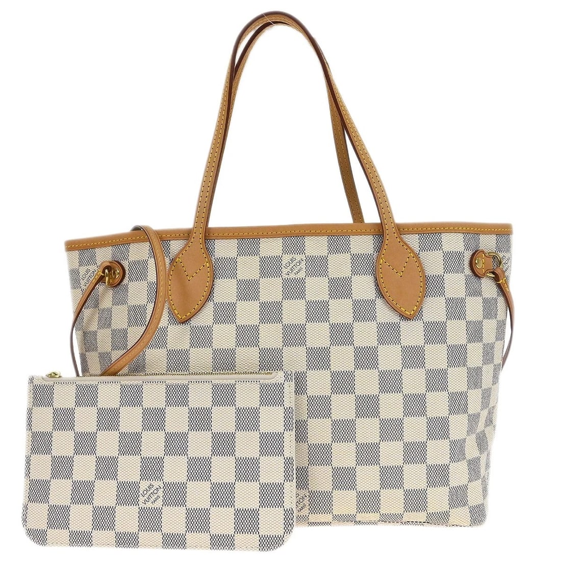 LOUIS VUITTON DAMIER AZUR NEVERFULL PM TOTE HANDBAG: Louis Vuitton Damier Azur Neverfull PM Tote Handbag Brand: Louis Vuitton Type: Tote Material/Exterior Material: Damier azur canvas, Leather Color/Exterior Color: White Size: W 11.4 x H 8.5 x D