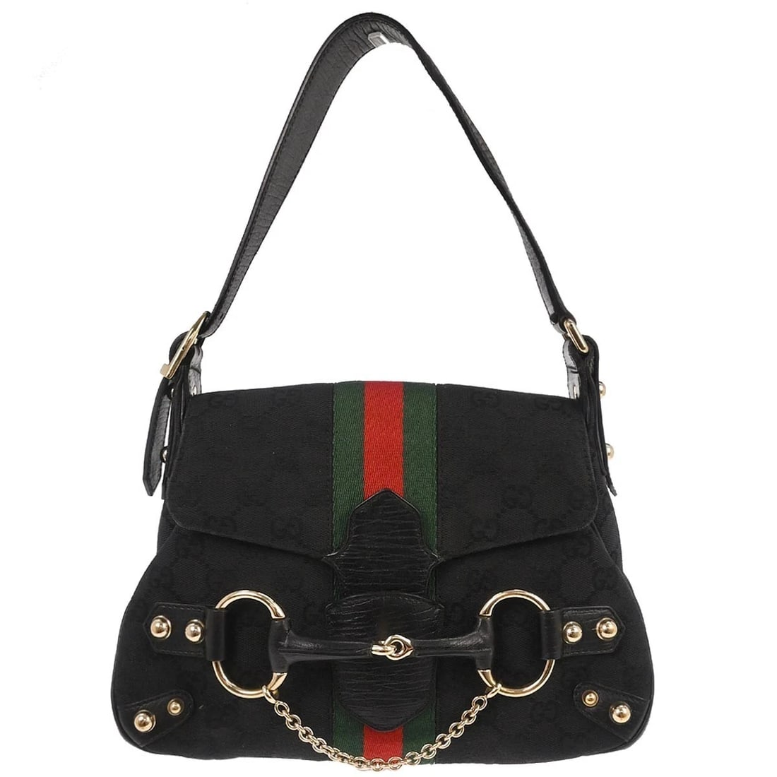 GUCCI BLACK GG HORSEBIT HANDBAG: Gucci Black GG Horsebit Handbag Brand: Gucci Type: Handbag Material/Exterior Material: Canvas, Leather Color/Exterior Color: Black Size: W 10.2 x H 7.1 x D 2.8 " Handle Drop. 5.9 - 6.7 " 