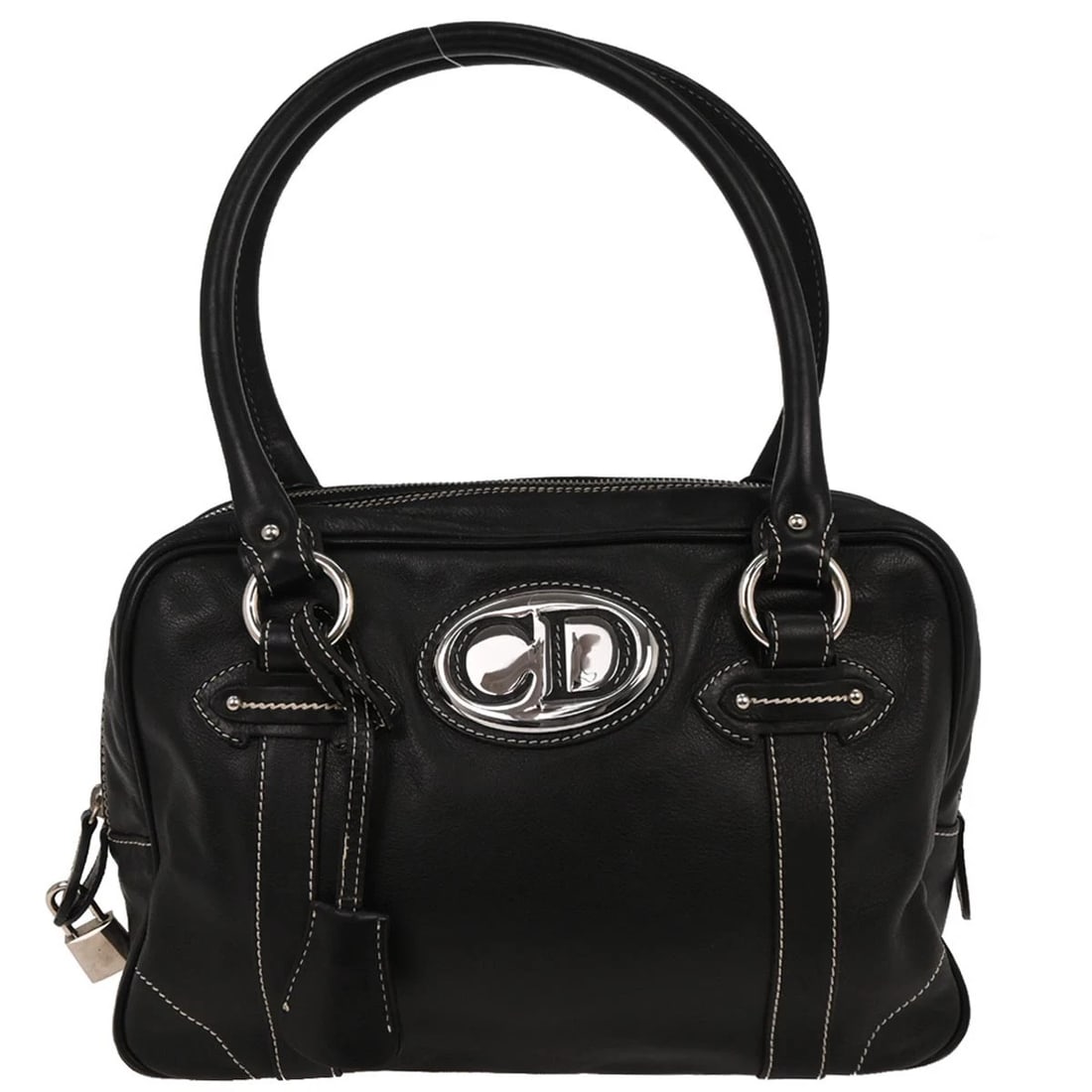 CHRISTIAN DIOR BLACK CD LOGOS PLATE HANDBAG: Christian Dior Black CD Logos Plate Handbag Brand: Dior Type: Top Handle Bag Material/Exterior Material: Leather Color/Exterior Color: Black Size: W 11.4 x H 7.9 x D 4.3 " Handle Drop. 5.9 " Acce