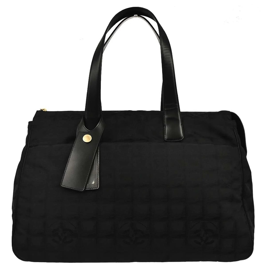 CHANEL BLACK JACQUARD NYLON TRAVEL LINE TOTE HANDBAG: Chanel Black Jacquard Nylon Travel Line Tote Handbag Brand: CHANEL Type: Tote Material/Exterior Material: Jacquard Nylon, Leather Color/Exterior Color: Black Size: W 16.5 x H 11.8 x D 8.7 " Handle