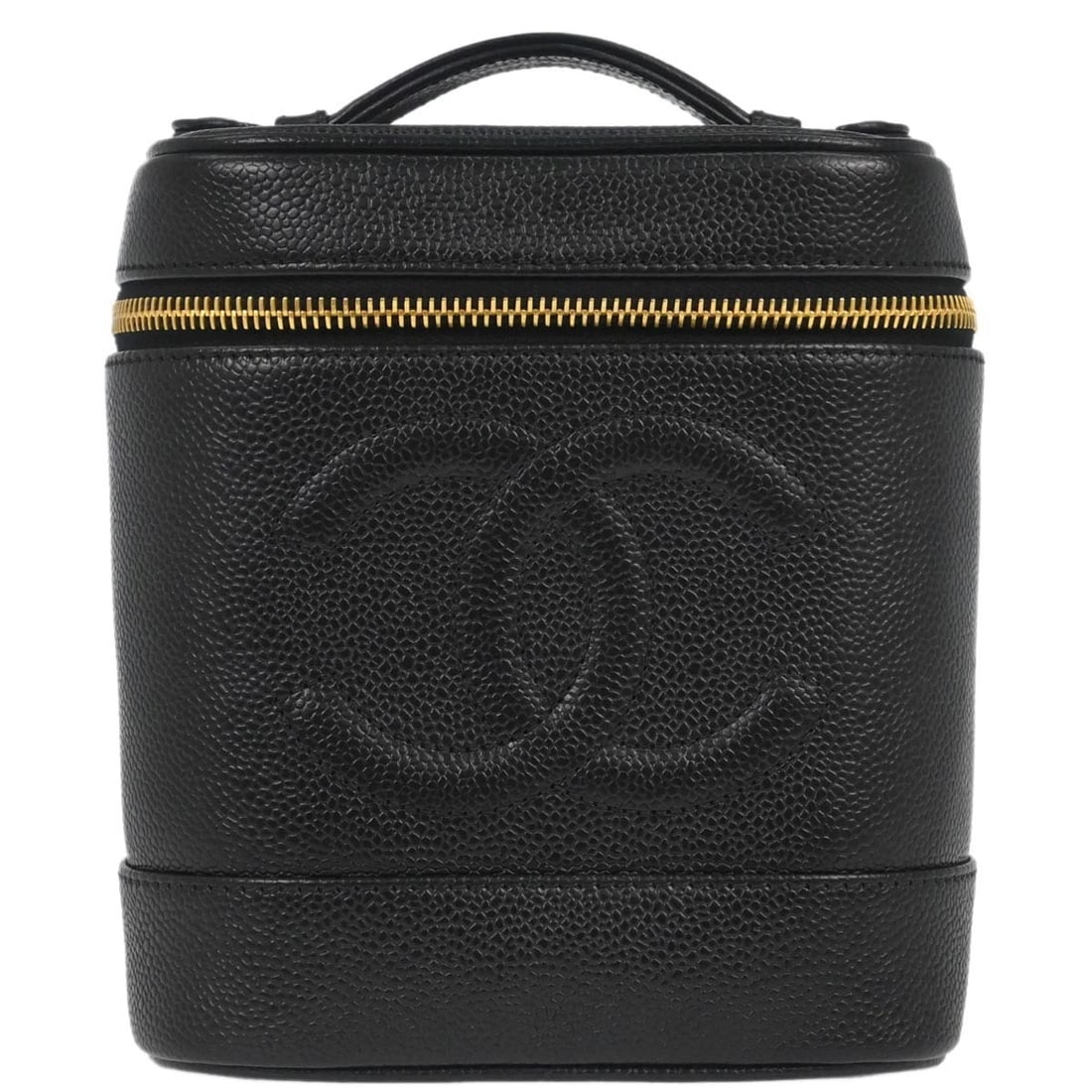CHANEL BLACK CALFSKIN TIMELESS VANITY HANDBAG: Chanel Black Calfskin Timeless Vanity Handbag Brand: CHANEL Type: CHANEL Vanity Material/Exterior Material: Caviar Skin Leather Color/Exterior Color: Black Size: W 5.9 x H 7.1 x D 5.1 " Handle Dro