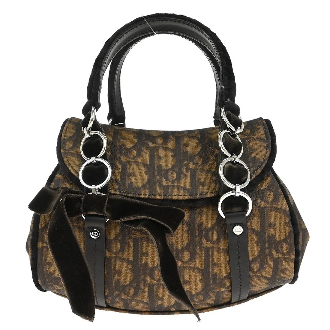 CHRISTIAN DIOR BROWN PVC TROTTER ROMANTIC HANDBAG: Christian Dior Brown PVC Trotter Romantic Handbag Brand: Dior Type: Top Handle Bag Material/Exterior Material: PVC, Velvet, Leather Color/Exterior Color: Brown Size: W 7.1 x H 5.5 x D 3.5 " Handle