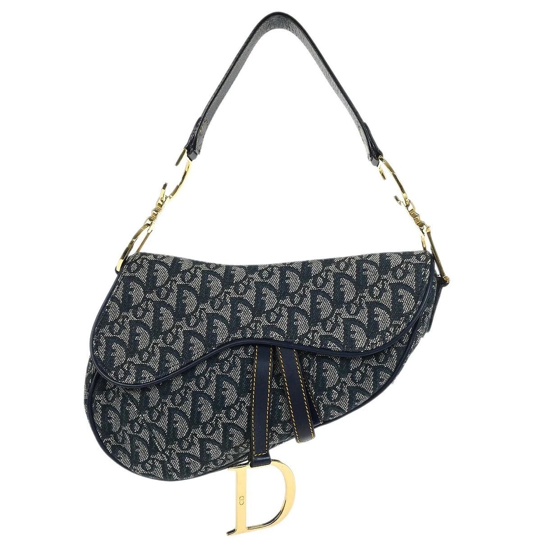 CHRISTIAN DIOR NAVY TROTTER SADDLE HANDBAG: Christian Dior Navy Trotter Saddle Handbag Brand: Dior Type: Saddle Bag Material/Exterior Material: Canvas, Leather Color/Exterior Color: Navy Size: W 9.4 x H 7.5 x D 3.1 " Handle Drop. 7.5 " Acc
