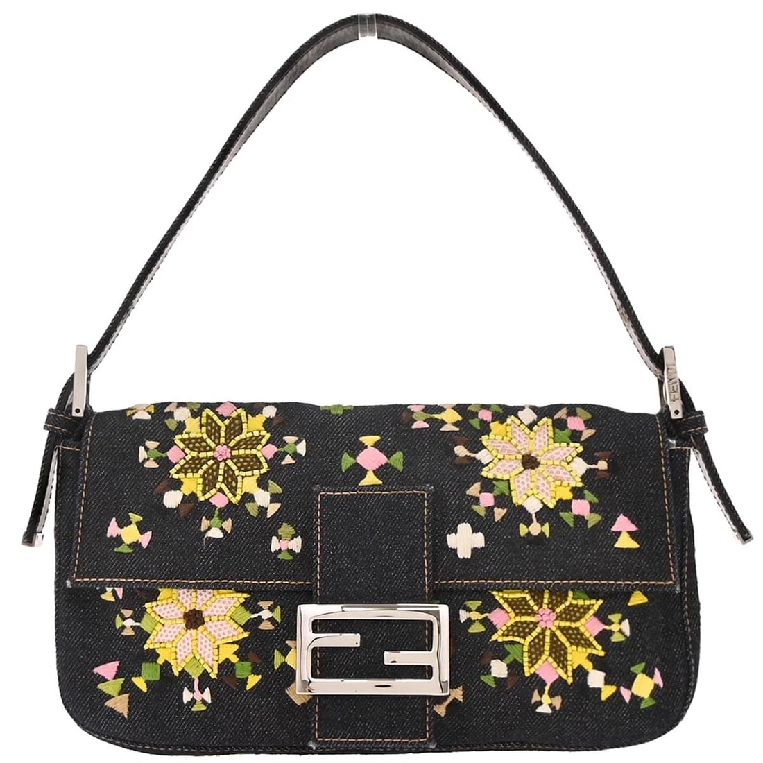 FENDI NAVY DENIM BEADED BAGUETTE HANDBAG: Fendi Navy Denim Beaded Baguette Handbag Brand: Fendi Type: Hand Bag Material/Exterior Material: Denim, Leather, Beads Color/Exterior Color: Navy Size: W 9.8 x H 5.1 x D 1.6 " Strap Drop. 4.7