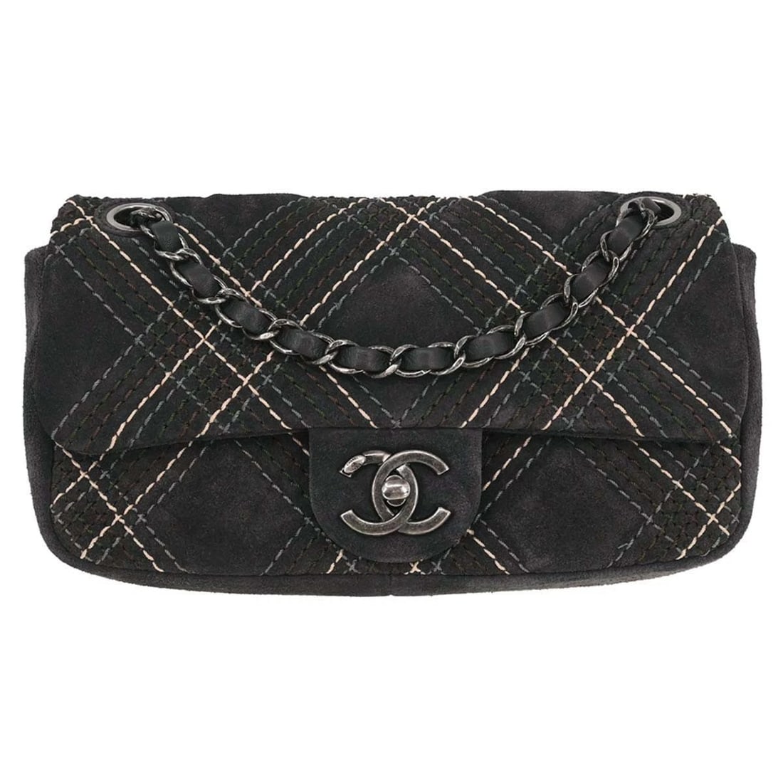 CHANEL GRAY SUEDE PARIS-EDINBURGH SALTIRE SINGLE FLAP SHOULDER BAG: Chanel Gray Suede Paris-Edinburgh Saltire Single Flap Shoulder Bag Brand: CHANEL Type: Shoulder Bag Material/Exterior Material: Suede Color/Exterior Color: Gray Size: W 8.7 x H 5.1 x D 2.0 "