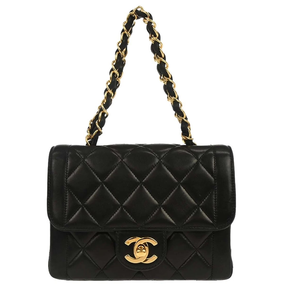 CHANEL BLACK LAMBSKIN MINI SQUARE FLAP HANDBAG: Chanel Black Lambskin Mini Square Flap Handbag Brand: CHANEL Type: Top Handle Bag Material/Exterior Material: Lambskin Color/Exterior Color: Black Size: W 6.7 x H 5.1 x D 2.4 " Handle Drop.