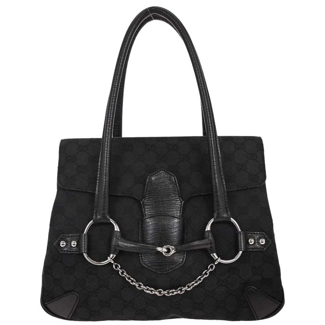 GUCCI BLACK GG HORSEBIT HANDBAG: Gucci Black GG Horsebit Handbag Brand: Gucci Type: Top Handle Bag Material/Exterior Material: Canvas, Leather Color/Exterior Color: Black Size: W 12.6 x H 9.4 x D 3.9 " Handle Drop. 5.5 " 