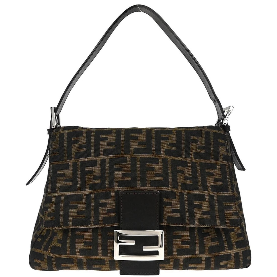 FENDI BROWN CANVAS ZUCCA MAMMA BAGUETTE HANDBAG: Fendi Brown Canvas Zucca Mamma Baguette Handbag Brand: Fendi Type: Hand Bag Material/Exterior Material: Canvas, Leather Color/Exterior Color: Brown, Black Size: W 11.0 x H 7.9 x D 4.7 " Strap