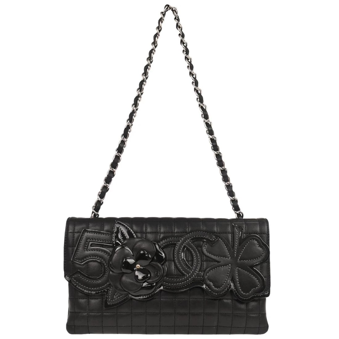CHANEL BLACK LAMBSKIN CHOCO BAR CAMELLIA CC CLOVER HANDBAG: Chanel Black Lambskin Choco Bar Camellia CC Clover Handbag Brand: CHANEL Type: Top Handle Bag Material/Exterior Material: Lambskin Color/Exterior Color: Black Size: W 9.4 x H 5.9 x D 1.2 "