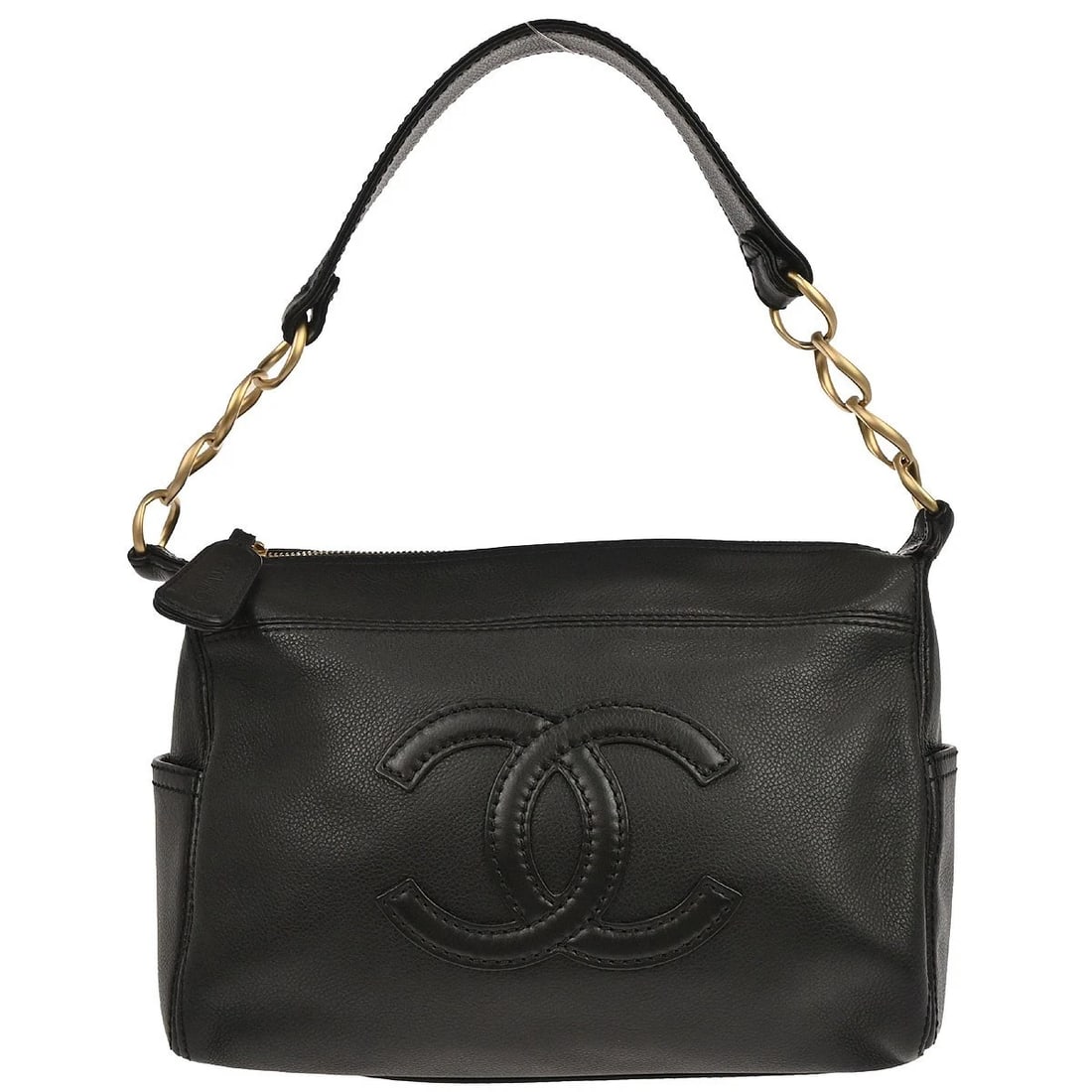 CHANEL BLACK CALFSKIN CHAIN HANDBAG: Chanel Black Calfskin Chain Handbag Brand: CHANEL Type: Hobo Bag Material/Exterior Material: Caviar skin leather Color/Exterior Color: Black Size: W 10.6 x H 7.5 x D 5.1 " Handle Drop. 6.7 " 