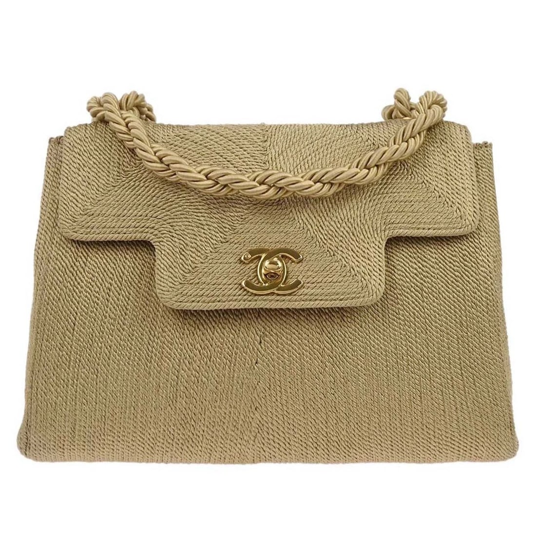 CHANEL BEIGE SILK ROPE SHOULDER BAG: Chanel Beige Silk Rope Shoulder Bag Brand: CHANEL Type: Shoulder Bag Material/Exterior Material: Silk Rope Color/Exterior Color: Beige Size: W 9.1 x H 6.7 x D 3.1 " Strap Drop. 17.3 " 