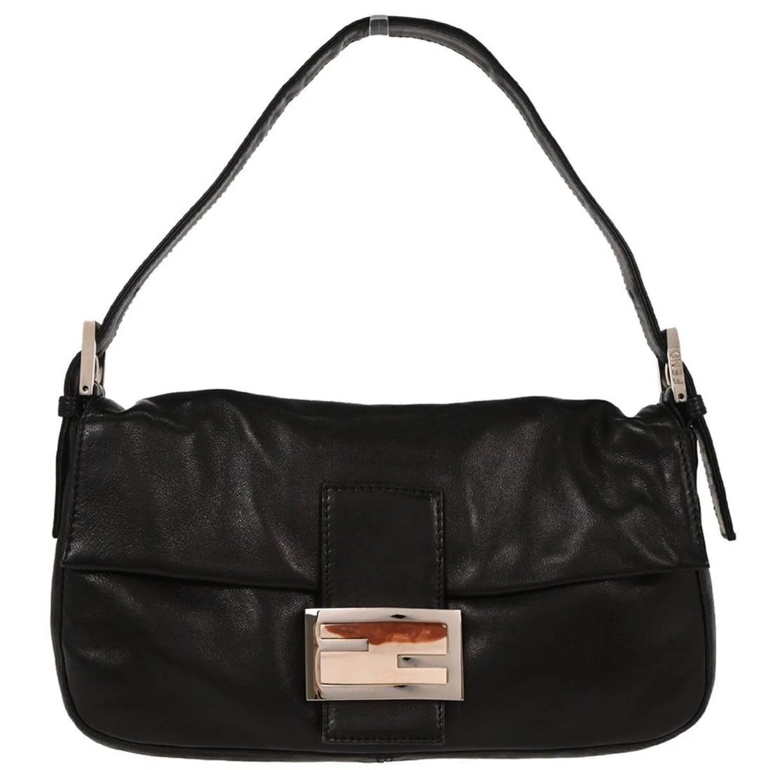 FENDI BLACK LAMBSKIN BAGUETTE HANDBAG: Fendi Black Lambskin Baguette Handbag Brand: Fendi Type: Hand Bag Material/Exterior Material: Lambskin Color/Exterior Color: Black Size: W 9.8 x H 5.5 x D 1.6 " Strap Drop. 4.7 - 6.3 " Accessorie