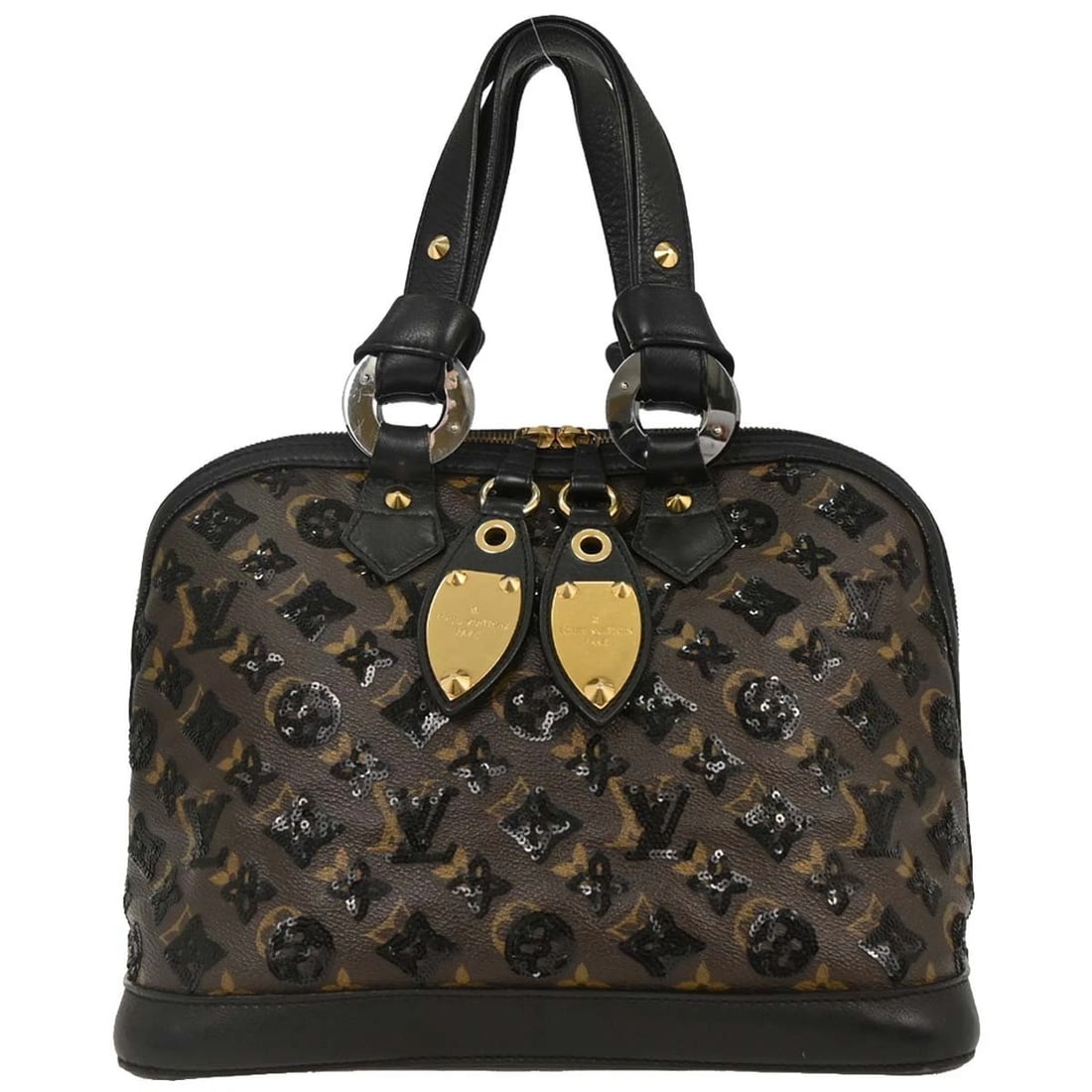 LOUIS VUITTON BLACK MONOGRAM ECLIPSE ALMA HANDBAG: Louis Vuitton Black Monogram Eclipse Alma Handbag Brand: Louis Vuitton Type: Top Handle Bag Material/Exterior Material: Monogram canvas, Sequins, Leather Color/Exterior Color: Brown, Black Size: W