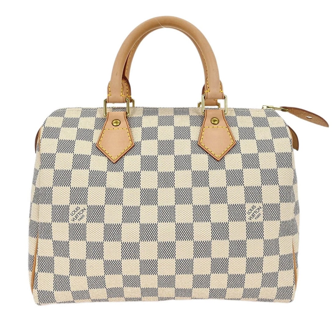 LOUIS VUITTON DAMIER AZUR SPEEDY HANDBAG: Louis Vuitton Damier Azur Speedy Handbag Brand: Louis Vuitton Type: Duffle Material/Exterior Material: Damier azur canvas, Leather Color/Exterior Color: White Size: W 9.8 x H 7.5 x D 5.7 "