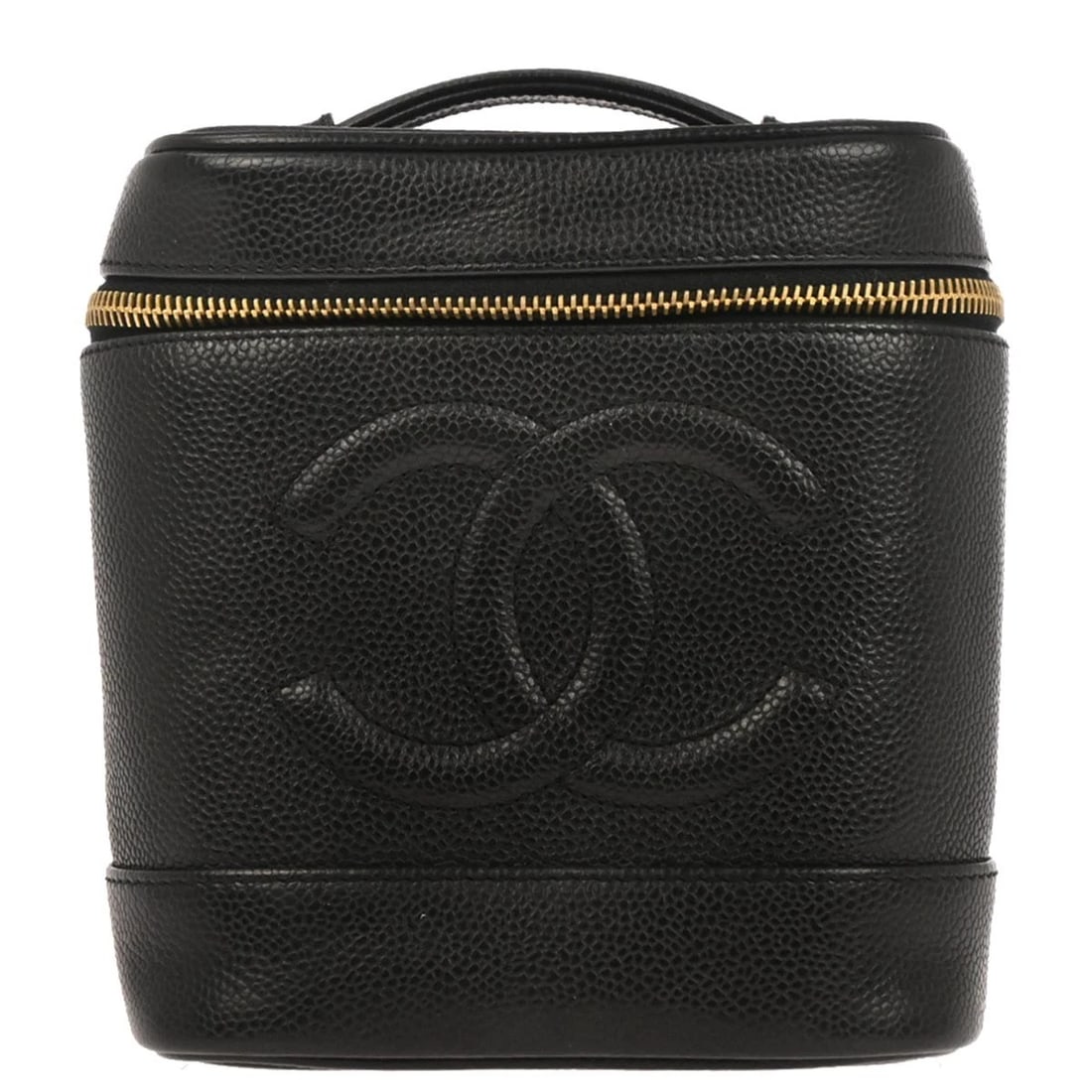 CHANEL BLACK CALFSKIN TIMELESS VANITY HANDBAG: Chanel Black Calfskin Timeless Vanity Handbag Brand: CHANEL Type: CHANEL Vanity Material/Exterior Material: Caviar Skin Leather Color/Exterior Color: Black Size: W 5.9 x H 7.1 x D 5.1 " Handle