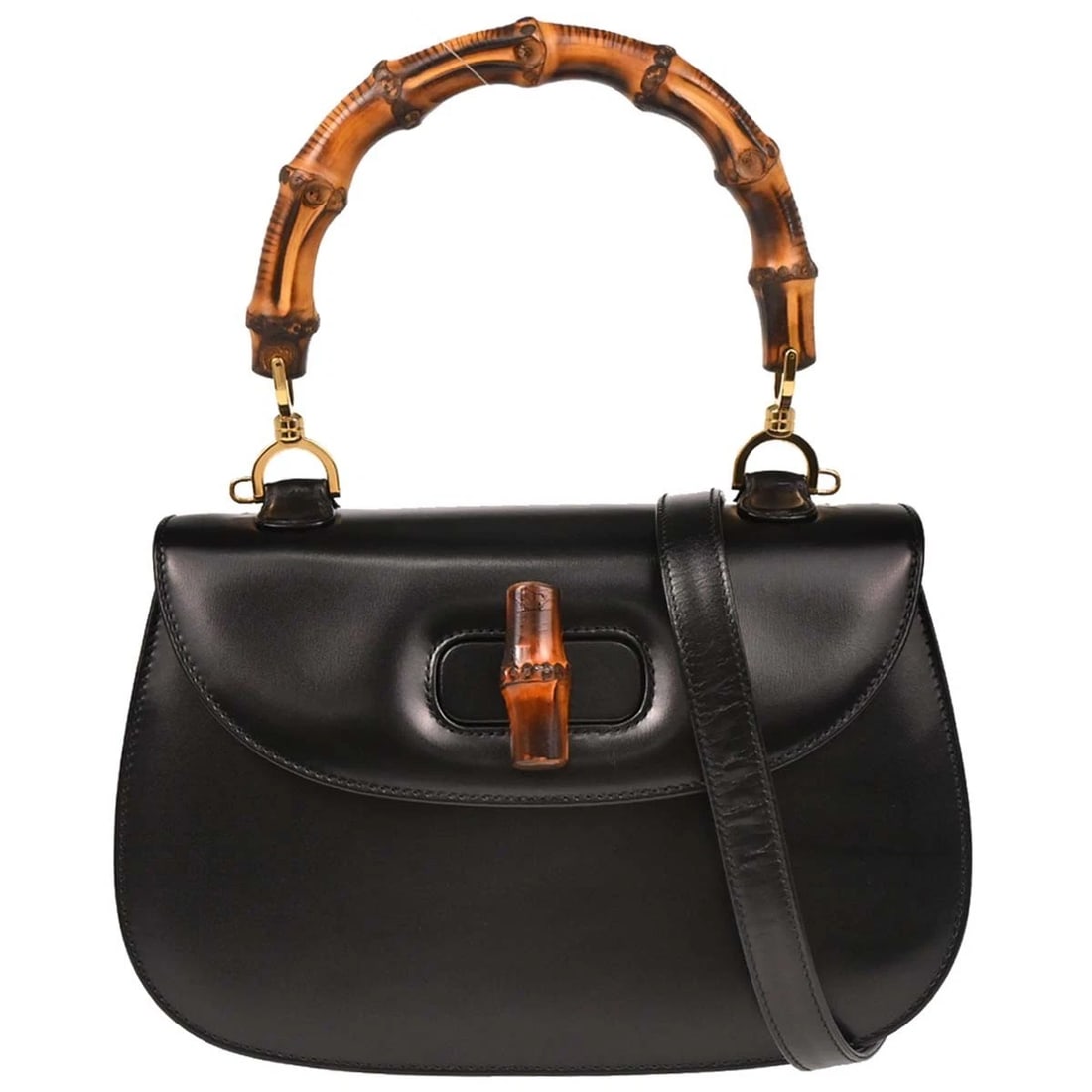 GUCCI BLACK BAMBOO 2WAY HANDBAG: Gucci Black Bamboo 2way Handbag Brand: Gucci Type: Top Handle Bag Material/Exterior Material: Leather, Bamboo Color/Exterior Color: Black Size: W 10.6 x H 7.1 x D 3.1 " Handle Drop. 4.7 " Strap Dr