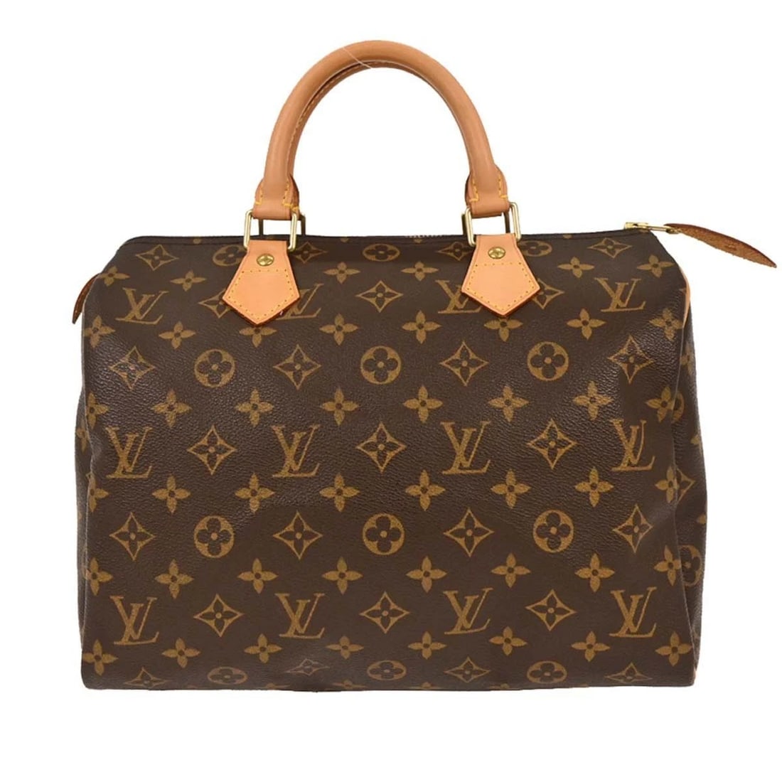 LOUIS VUITTON MONOGRAM SPEEDY HANDBAG: Louis Vuitton Monogram Speedy Handbag Brand: Louis Vuitton Type: Satchel/Top Handle Bag Material/Exterior Material: Monogram Canvas, Leather Color/Exterior Color: Brown Size: W 11.8 × H 8.3 × D
