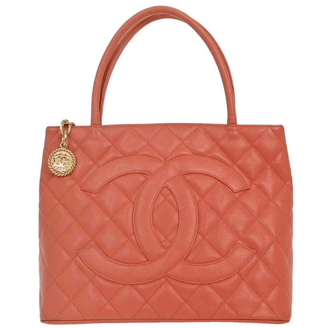 CHANEL ORANGE CALFSKIN MEDALLION TOTE HANDBAG: Chanel Orange Calfskin Medallion Tote Handbag Brand: CHANEL Type: Tote Material/Exterior Material: Caviar Skin Leather Color/Exterior Color: Orange Size: W 11.8 x H 9.4 x D 5.9 " Handle Drop.