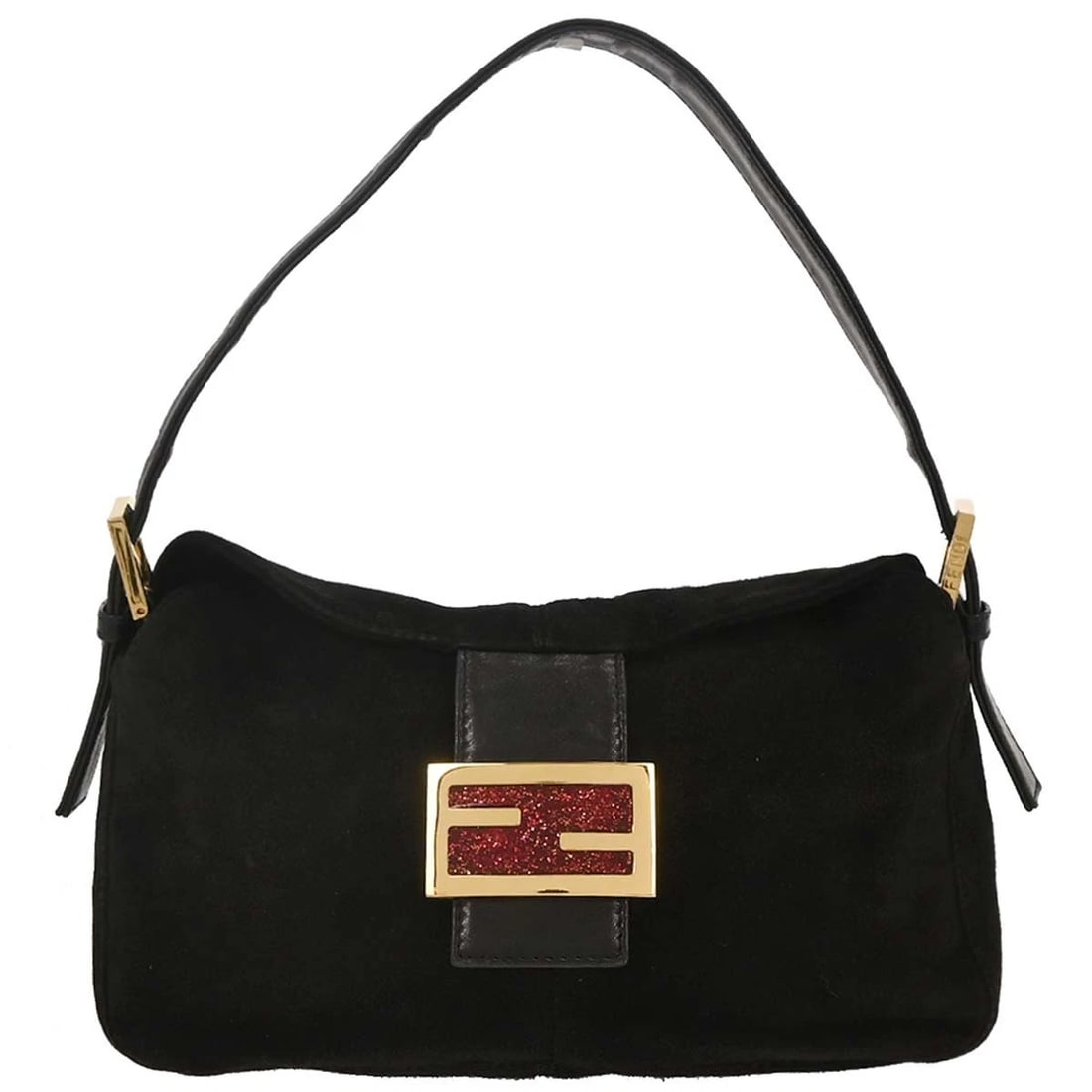 FENDI BLACK SUEDE HANDBAG: Fendi Black Suede Handbag Brand: Fendi Type: Hand Bag Material/Exterior Material: Suede, Leather Color/Exterior Color: Black Size: W 9.8 x H 5.9 x D 3.1 " Strap Drop. 5.1 - 6.7 " Accessories: