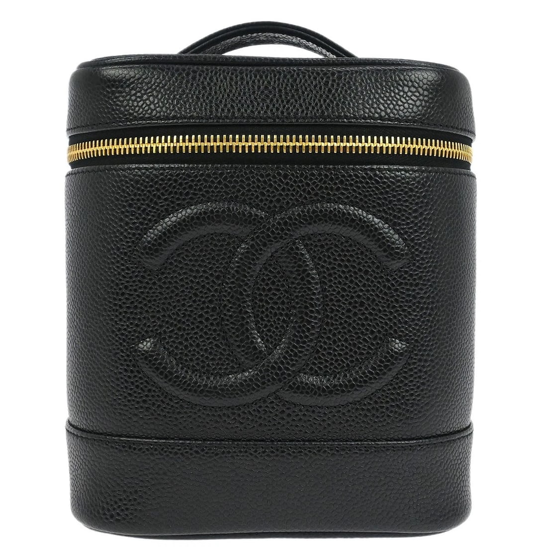 CHANEL BLACK CALFSKIN TIMELESS VANITY HANDBAG: Chanel Black Calfskin Timeless Vanity Handbag Brand: CHANEL Type: CHANEL Vanity Material/Exterior Material: Caviar Skin Leather Color/Exterior Color: Black Size: W 5.9 x H 7.1 x D 5.1 " Handle