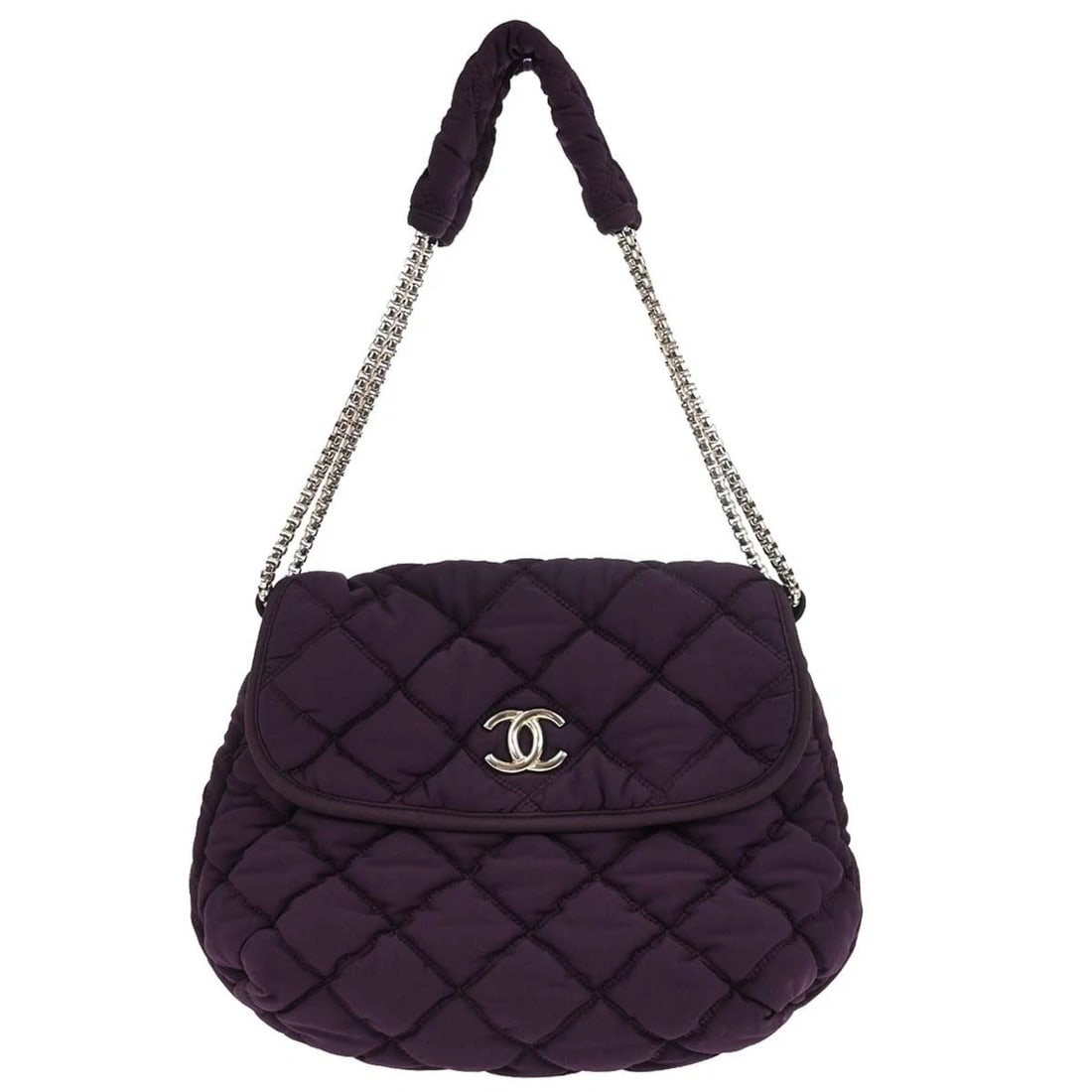 CHANEL PURPLE NYLON BUBBLE QUILT HANDBAG: Chanel Purple Nylon Bubble Quilt Handbag Brand: CHANEL Type: Handbag Material/Exterior Material: Nylon Color/Exterior Color: Purple Size: W 11.0 x H 8.7 x D 2.8 " Handle Drop. 10.6 " Accessories: