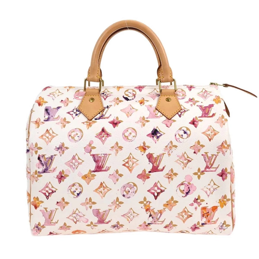 LOUIS VUITTON MONOGRAM WATERCOLOR SPEEDY HANDBAG: Louis Vuitton Monogram Watercolor Speedy Handbag Brand: Louis Vuitton Type: Satchel/Top Handle Bag Material/Exterior Material: Monogram watercolor canvas, Leather Color/Exterior Color: White Size: