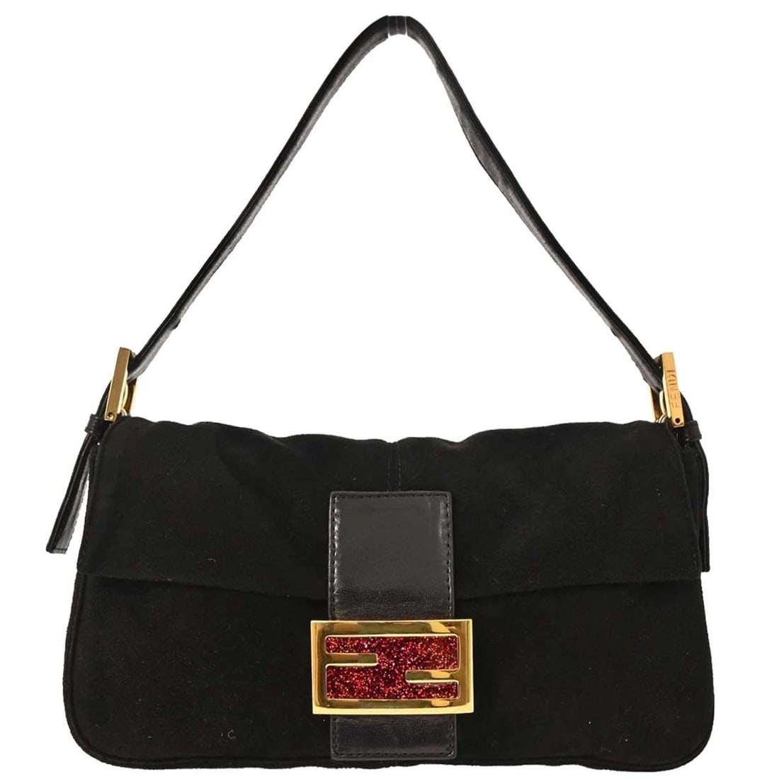 FENDI BLACK SUEDE BAGUETTE HANDBAG: Fendi Black Suede Baguette Handbag Brand: Fendi Type: Hand Bag Material/Exterior Material: Suede Color/Exterior Color: Black Size: W 9.8 x H 5.1 x D 1.6 " Strap Drop. 4.7 - 6.3 " Accessories: Non