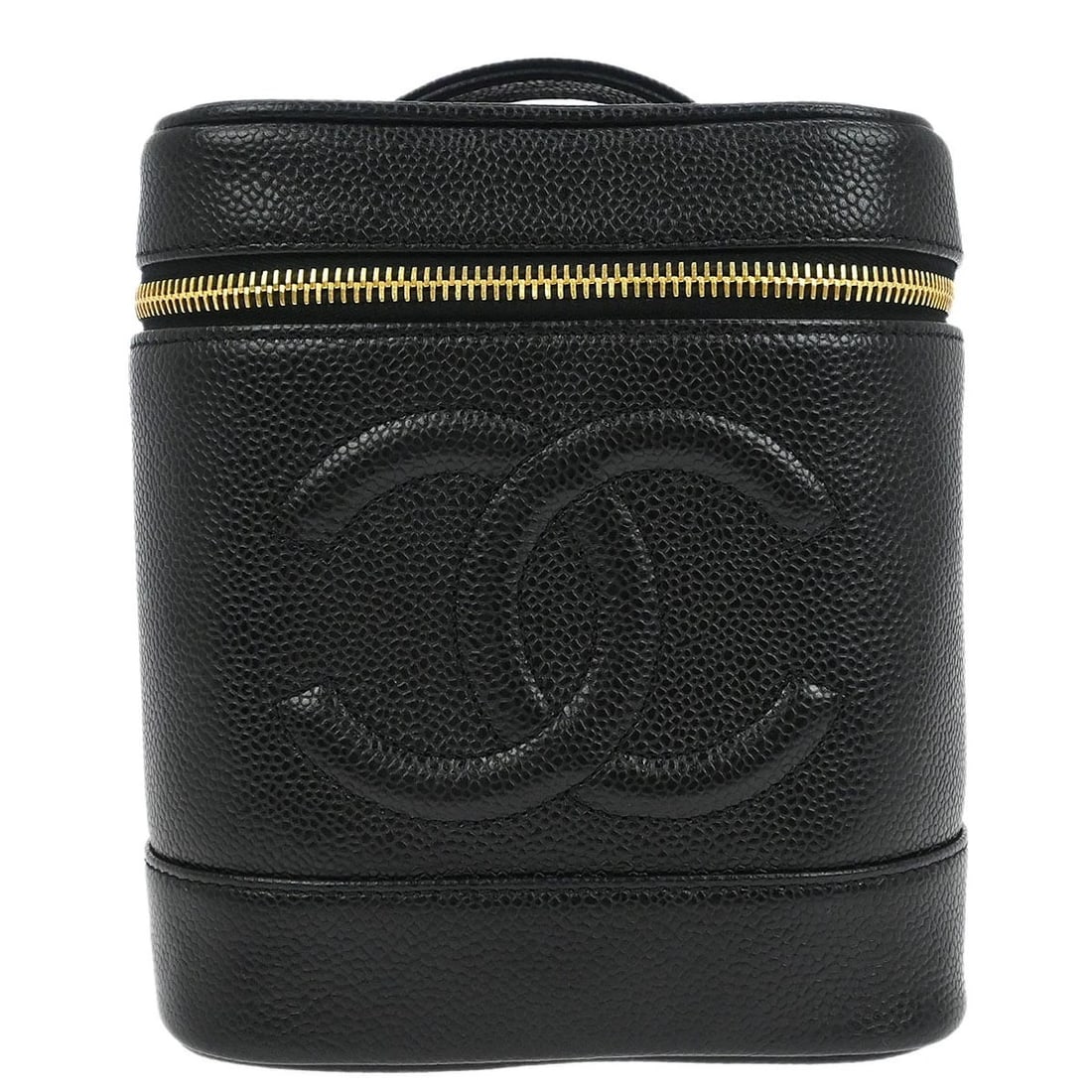 CHANEL BLACK CALFSKIN TIMELESS VANITY HANDBAG: Chanel Black Calfskin Timeless Vanity Handbag Brand: CHANEL Type: CHANEL Vanity Material/Exterior Material: Caviar Skin Leather Color/Exterior Color: Black Size: W 5.9 x H 7.1 x D 5.1 " Handle Dro