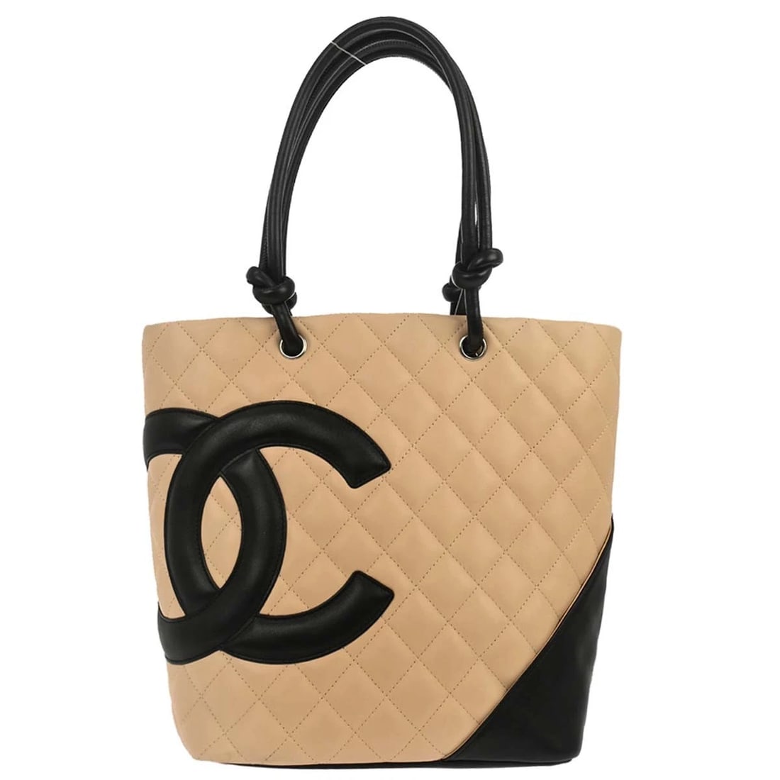 CHANEL BEIGE CALFSKIN CAMBON LIGNE TOTE HANDBAG: Chanel Beige Calfskin Cambon Ligne Tote Handbag Brand: CHANEL Type: Tote Material/Exterior Material: Calfskin Leather Color/Exterior Color: Beige Size: W 8.3 x H 9.8 x D 4.7 " Handle Drop. 7.1 "