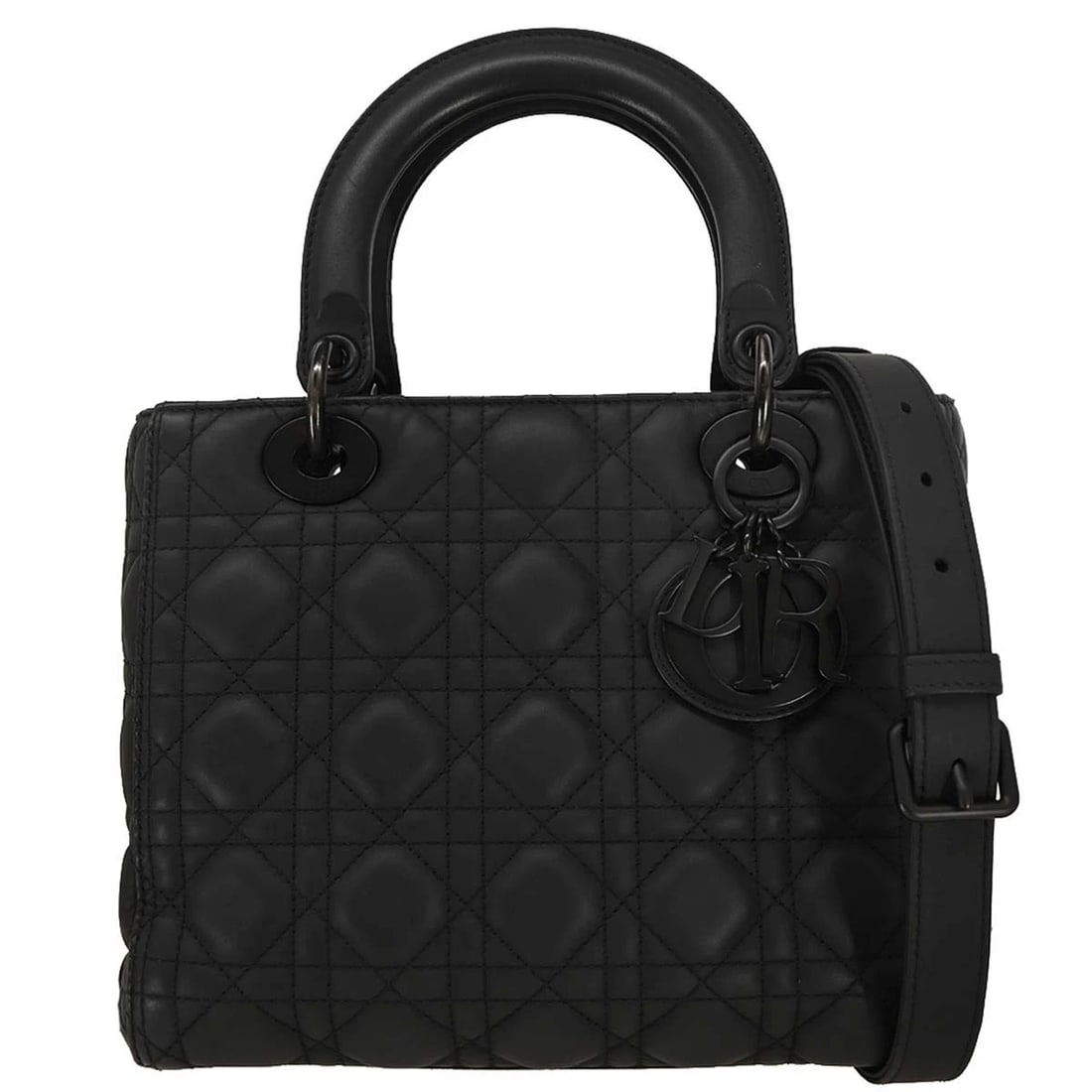 CHRISTIAN DIOR BLACK LAMBSKIN LADY DIOR CANNAGE HANDBAG: Christian Dior Black Lambskin Lady Dior Cannage Handbag Brand: Dior Type: Satchel/Top Handle Bag Material/Exterior Material: Lambskin Color/Exterior Color: Black Size: W 9.4 x H 7.9 x D 4.7 " Hand