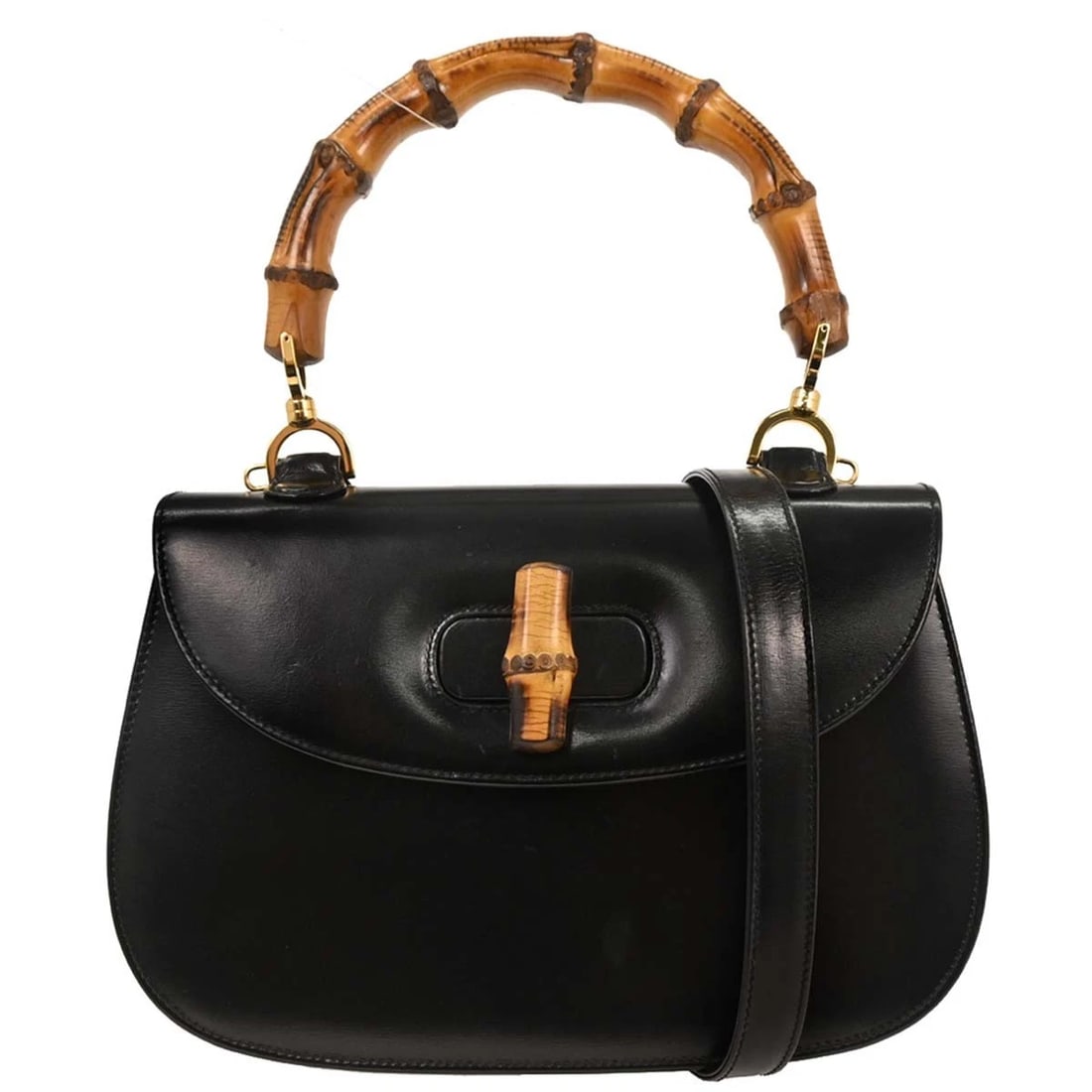 GUCCI BLACK BAMBOO 2WAY HANDBAG: Gucci Black Bamboo 2way Handbag Brand: Gucci Type: Top Handle Bag Material/Exterior Material: Leather, Bamboo Color/Exterior Color: Black Size: W 10.6 x H 7.1 x D 3.1 " Handle Drop. 4.7 " Strap Dr