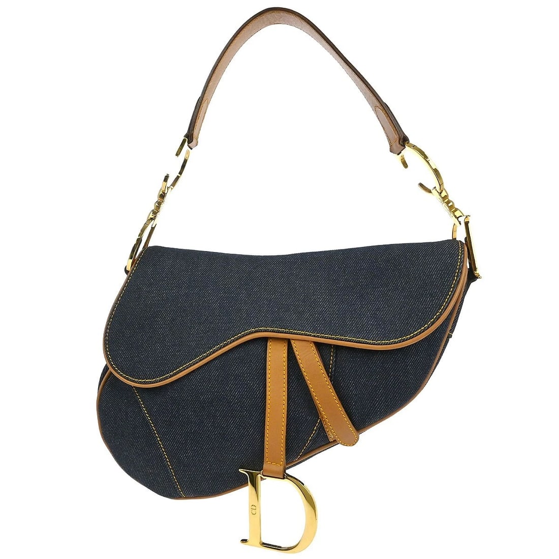 CHRISTIAN DIOR NAVY DENIM SADDLE HANDBAG: Christian Dior Navy Denim Saddle Handbag Brand: Dior Type: Saddle Bag Material/Exterior Material: Denim, Leather Color/Exterior Color: Navy Size: W 9.4 x H 7.5 x D 3.1 " Handle Drop. 7.5 " Access