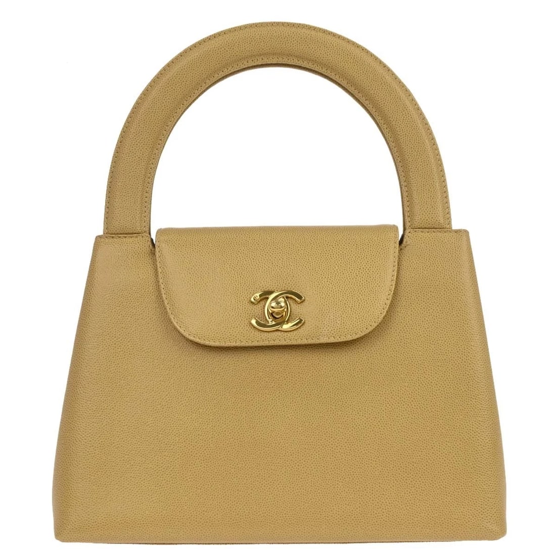 CHANEL BEIGE CALFSKIN HANDBAG: Chanel Beige Calfskin Handbag Brand: CHANEL Type: Top Handle Bag Material/Exterior Material: Caviar skin leather Color/Exterior Color: Beige Size: W 9.4 x H 7.1 x D 3.1 " Handle Drop. 3.1 " 