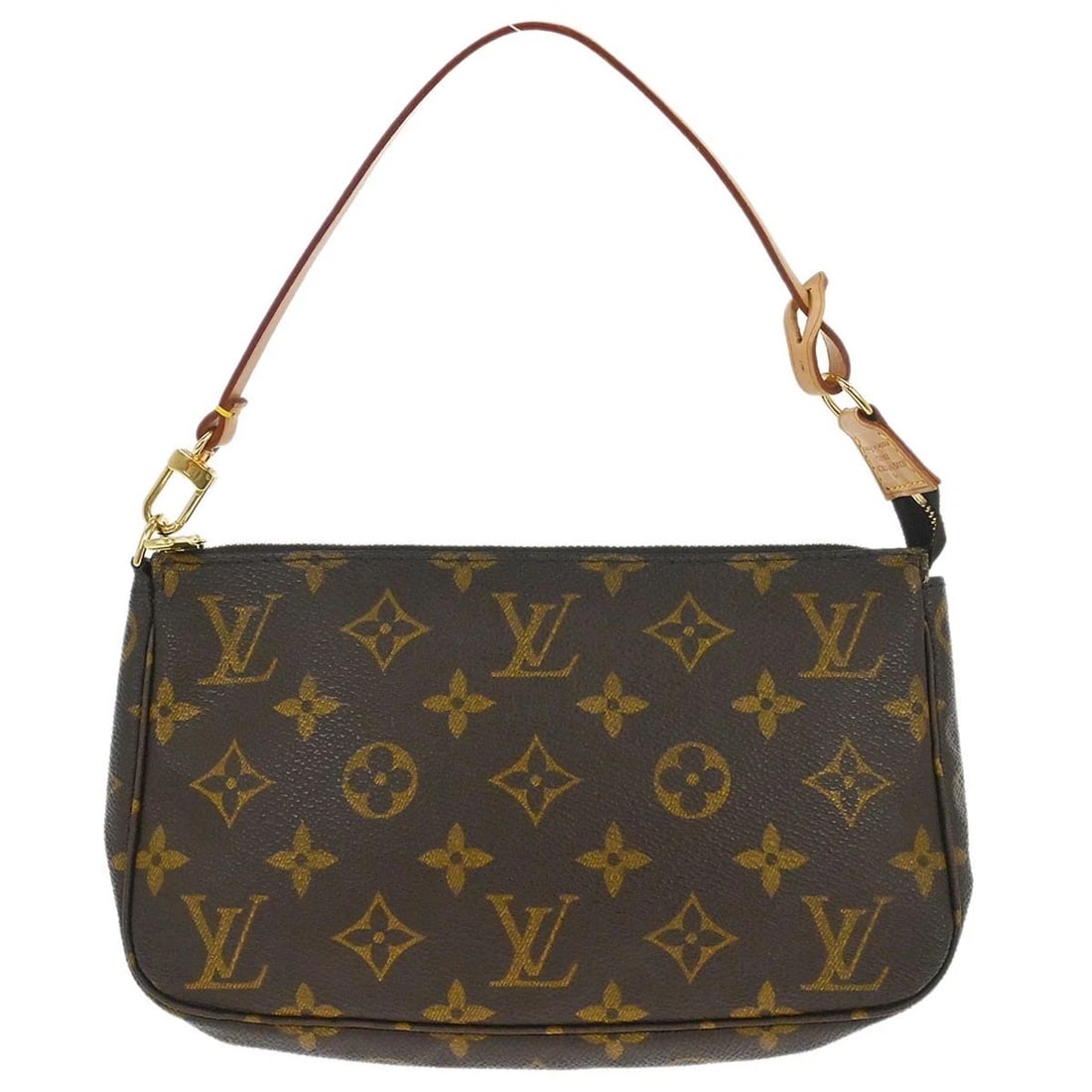 LOUIS VUITTON MONOGRAM POCHETTE HANDBAG: Louis Vuitton Monogram Pochette Handbag Brand: Louis Vuitton Type: Pouch Material/Exterior Material: Monogram Canvas, Leather Color/Exterior Color: Brown Size: W 8.7 x H 5.1 x D 1.6 " Handle Drop.