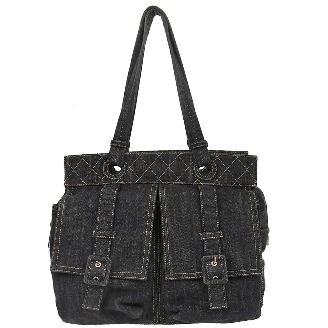 CHANEL NAVY SPARKLING DENIM TOTE HANDBAG: Chanel Navy Sparkling Denim Tote Handbag Brand: CHANEL Type: Tote Material/Exterior Material: Denim Color/Exterior Color: Navy Size: W 12.2 x H 9.8 x D 4.3 " Handle Drop. 9.1 " Accessories: None