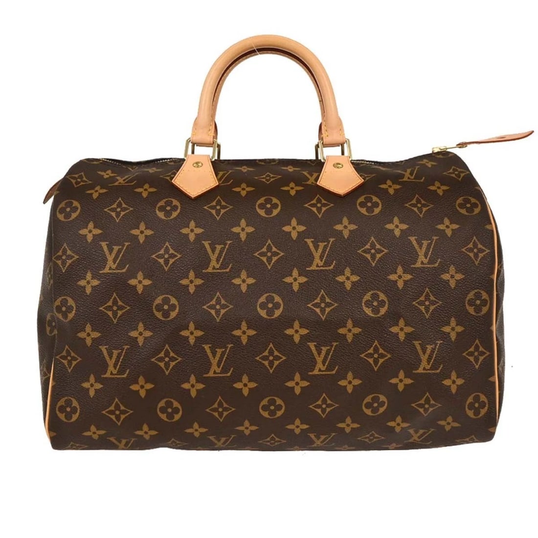 LOUIS VUITTON MONOGRAM SPEEDY HANDBAG: Louis Vuitton Monogram Speedy Handbag Brand: Louis Vuitton Type: Satchel/Top Handle Bag Material/Exterior Material: Monogram Canvas, Leather Color/Exterior Color: Brown Size: W 13.8 x H 9.1 x D 7.